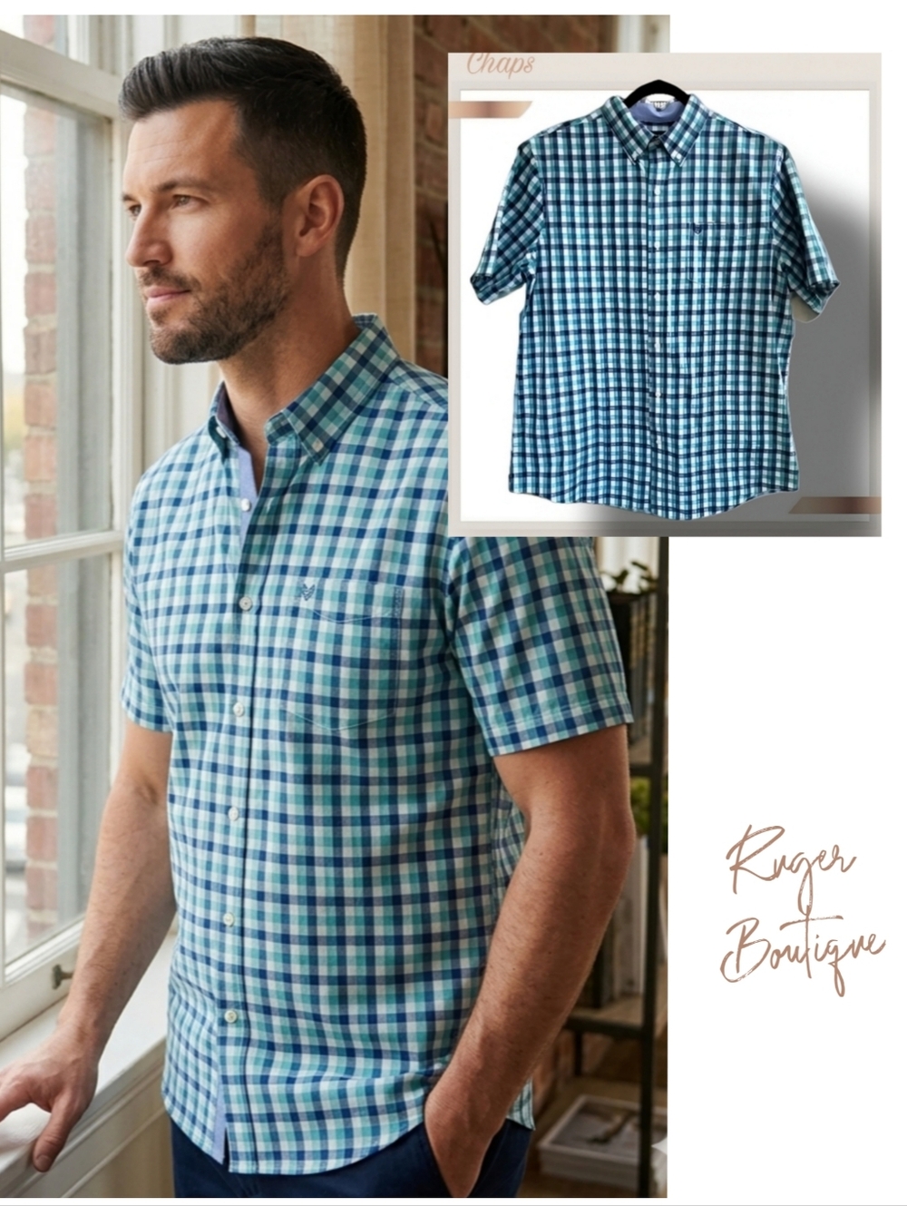 🌿Chaps EasyCare Men's Large Blue Green Check Button Down Shortsleeve Shirt